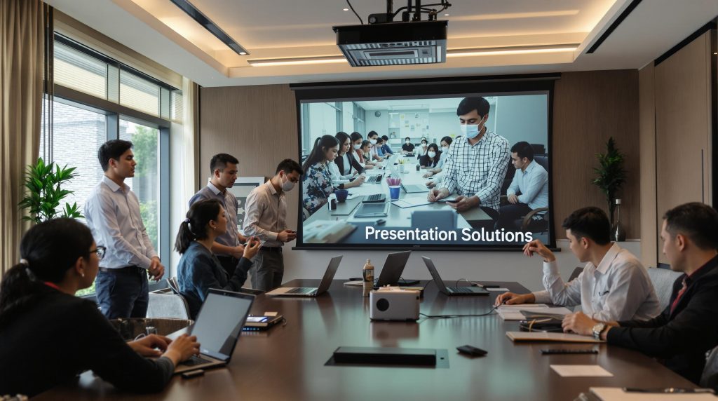 Modern boardroom with people preparing a projector presentation