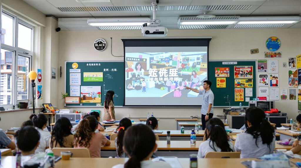 Malaysian classroom with teacher using projector and students engaged