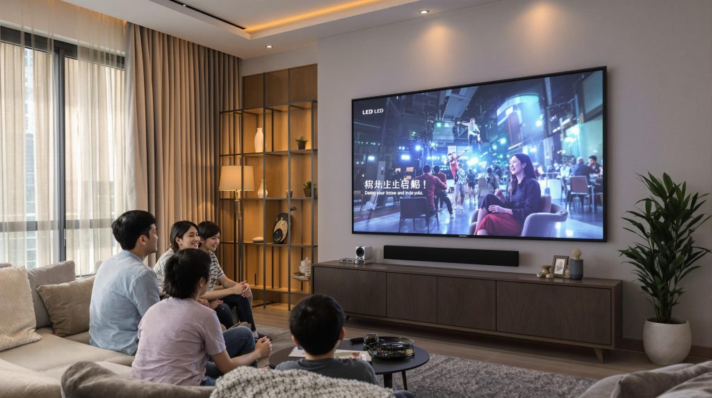 Malaysian family watching movie with both projector and LED screen visible