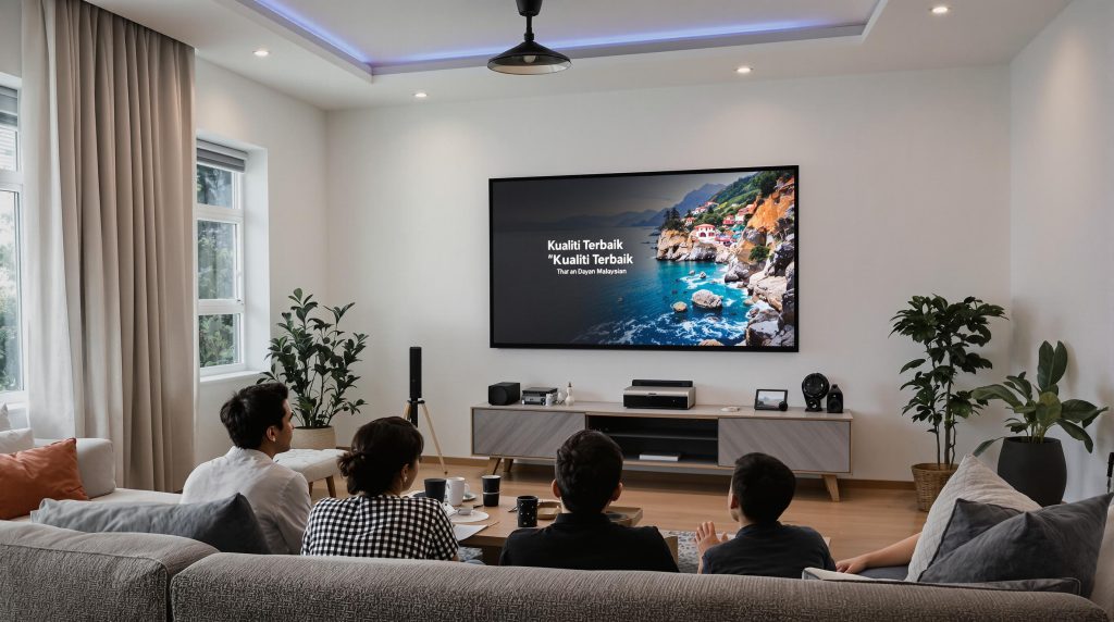 Living room shows projector image side-by-side on screen and white wall for quality comparison
