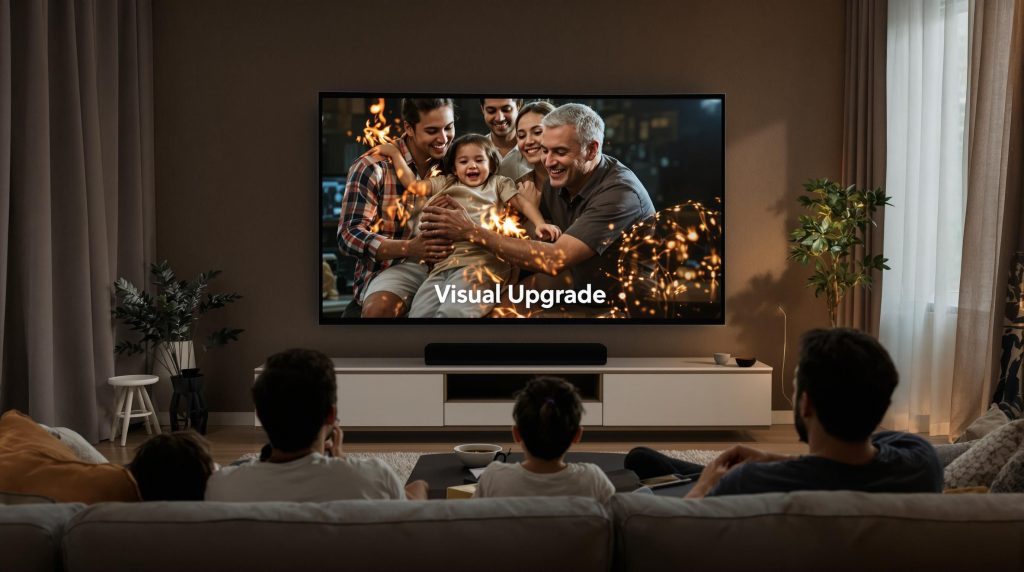 Modern Malaysian living room with family watching projector screen, text overlay 'Visual Upgrade'.