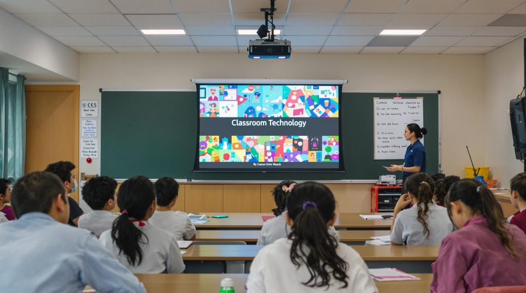 Teacher uses modern projector in Malaysian classroom setting