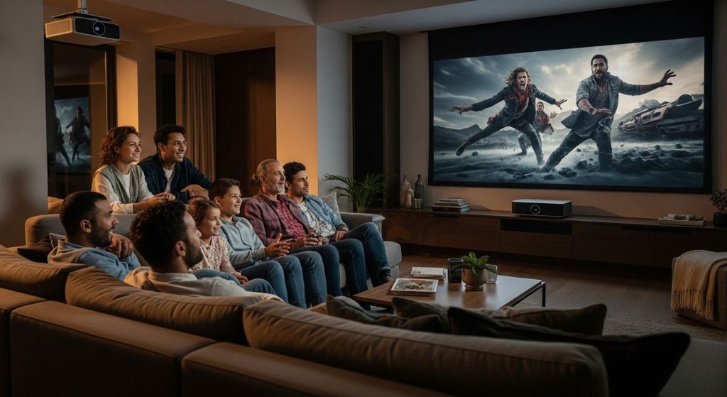 home theater projector screen, group watching movie, immersive living room