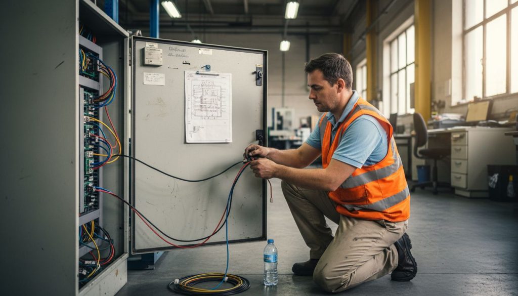 Engineer connecting cables in control panel
