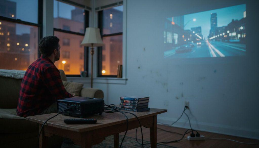 Man watching movie with DLP projector in living room