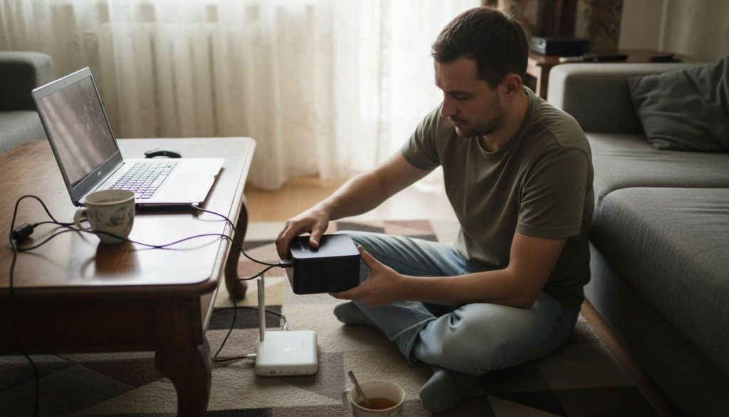 Man connecting projector to home wifi