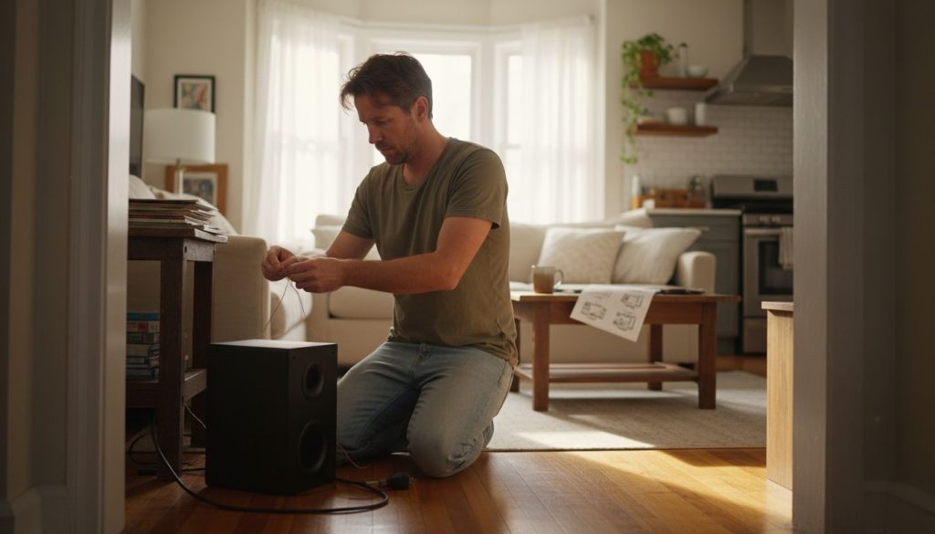 Man wiring multi room speaker system