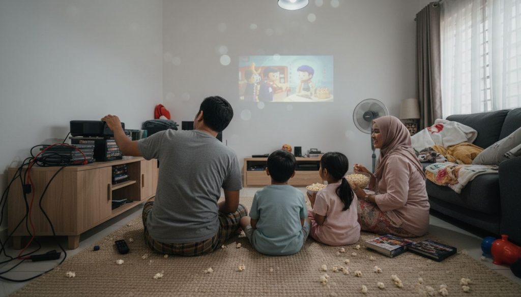 Family watching projector movie in home living room