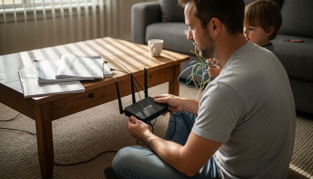 Father setting up home WiFi with child