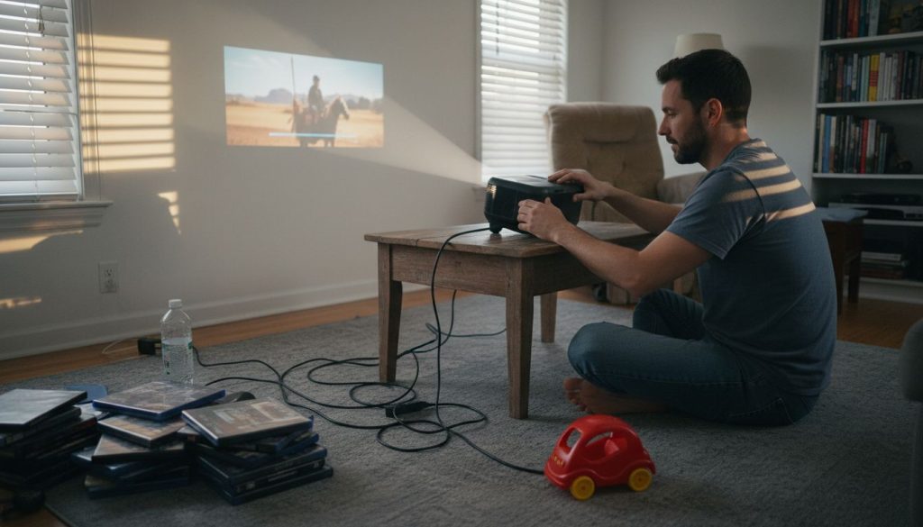 Man adjusts projector in real living room