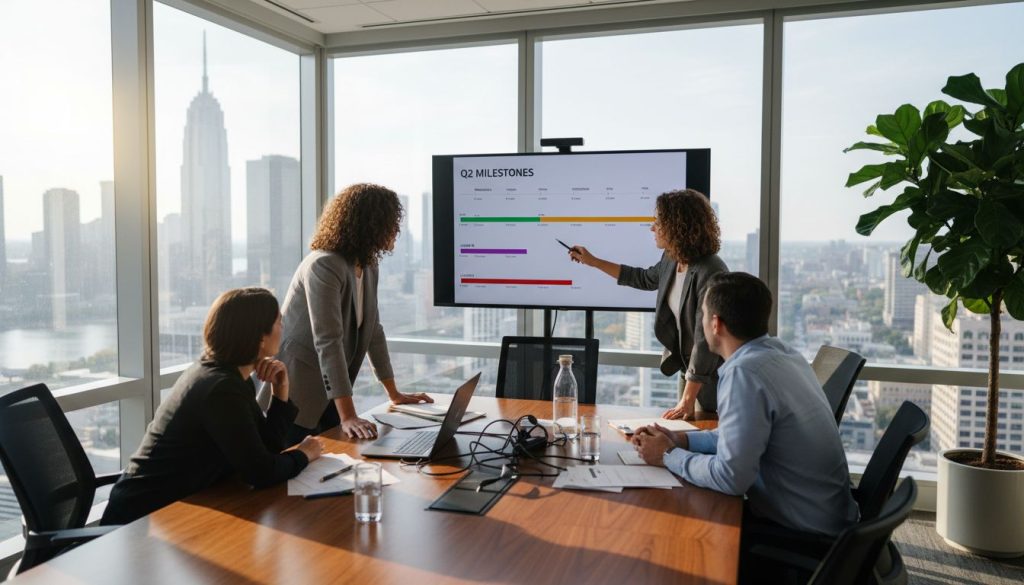 Coworkers meeting at team workspace