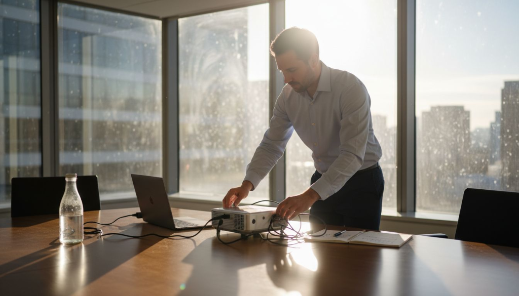 Businessman setting up mini projector in office
