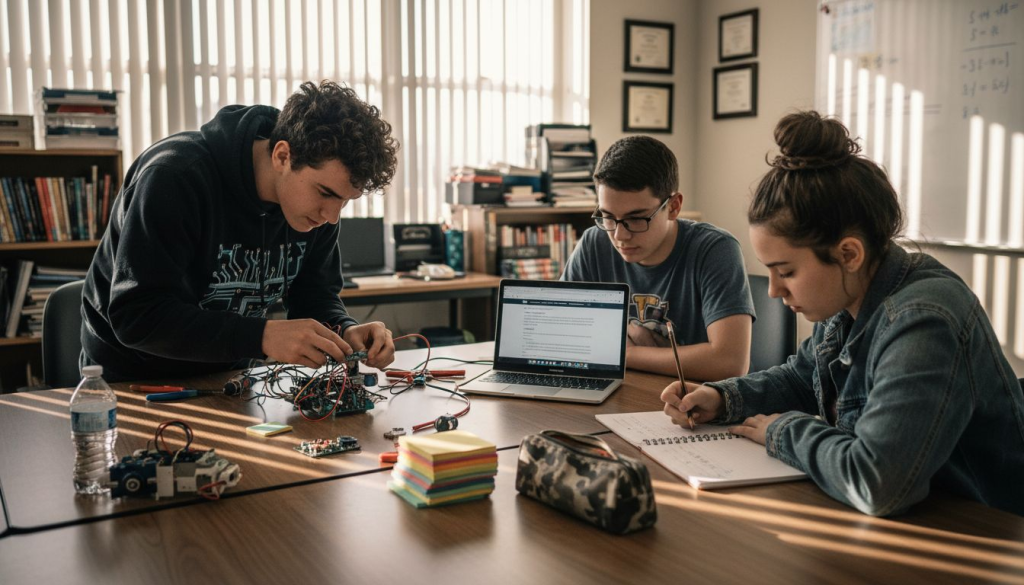Students collaborating on hands-on classroom project