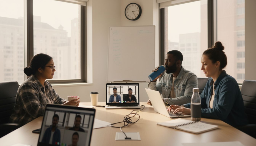 Remote team collaborating on video call in office