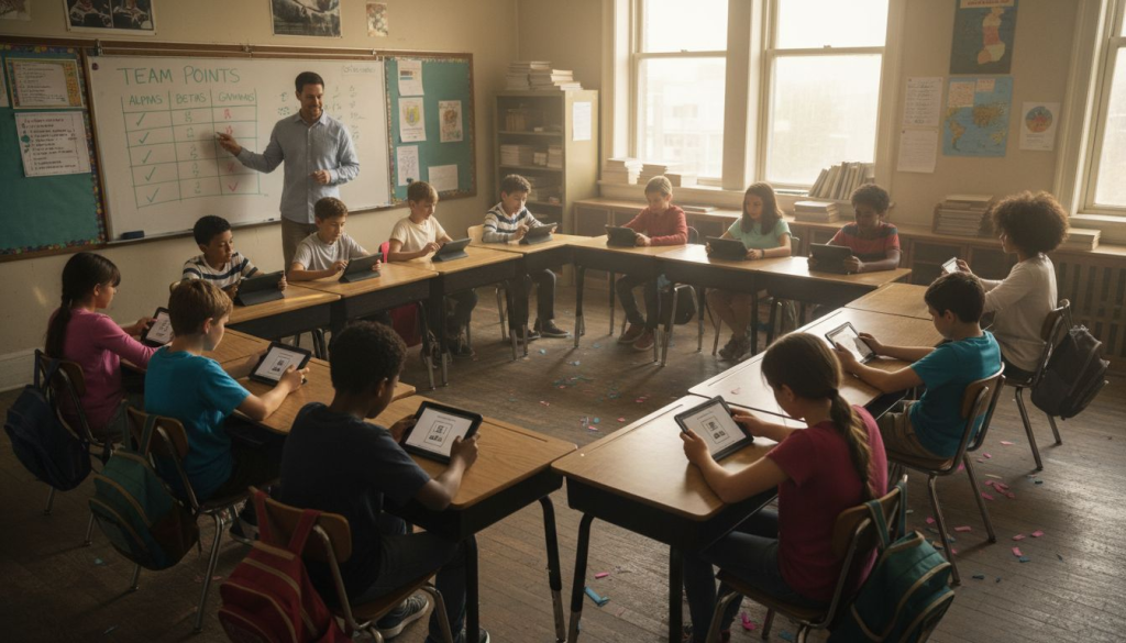 Students participating in gamified classroom activity