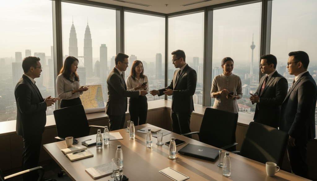 Malaysian professionals networking in city office