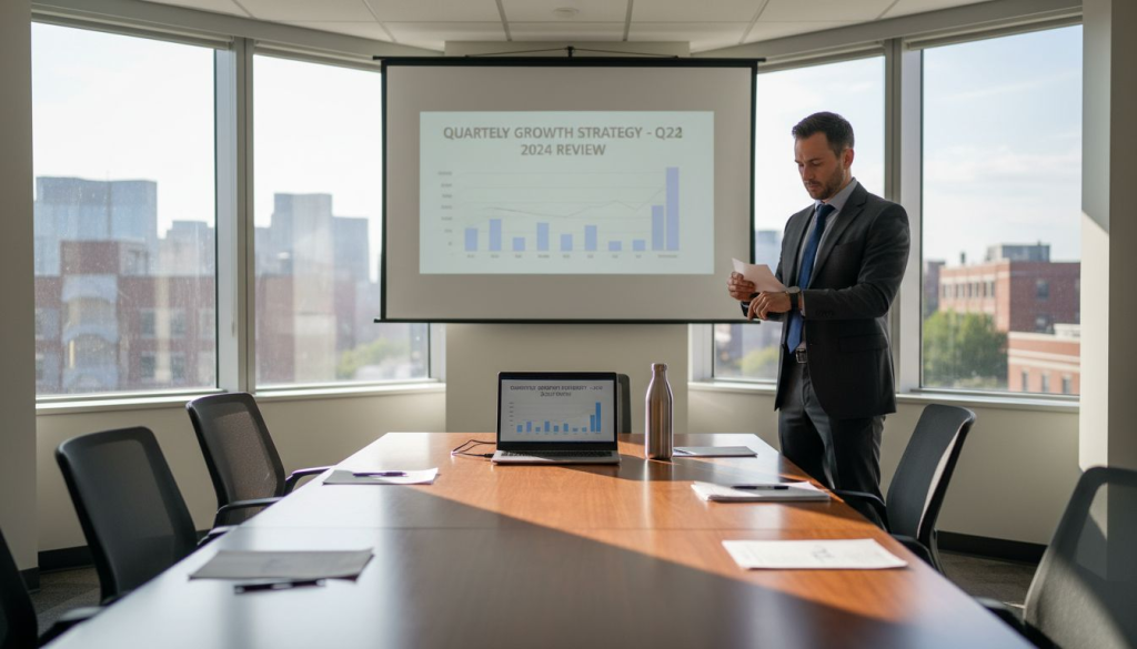 Presenter preparing with time cues in office