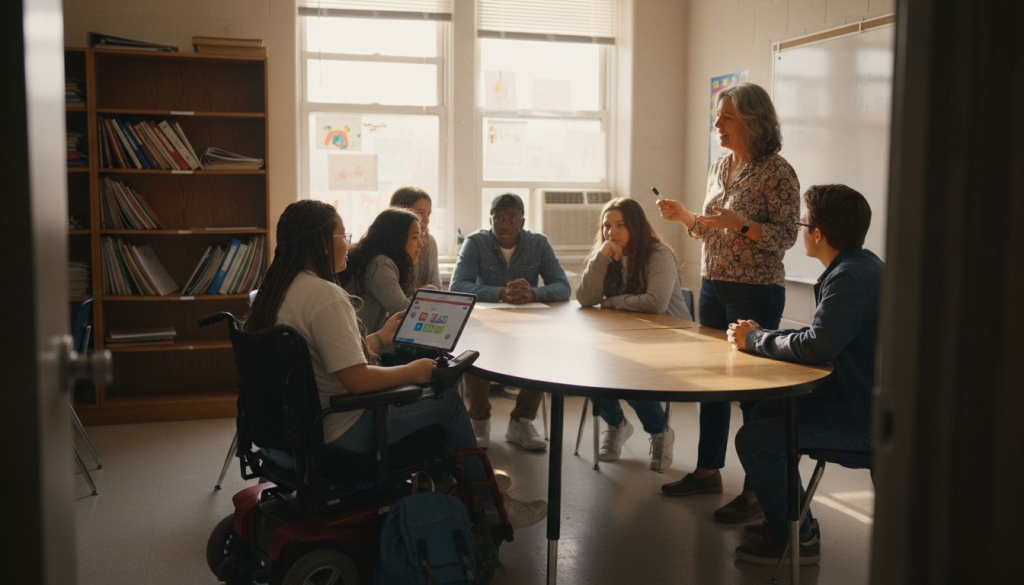 Diverse students collaborating in inclusive classroom