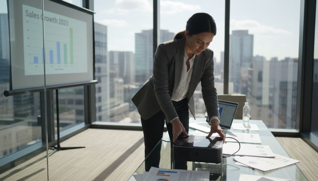 Businesswoman setting up portable projector for presentation