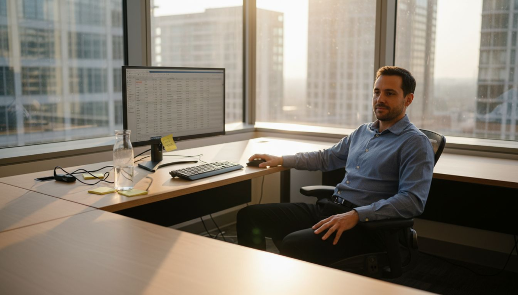 Man adjusting ergonomic chair in sunlit office