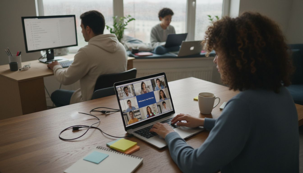 Remote onboarding team video call workspace