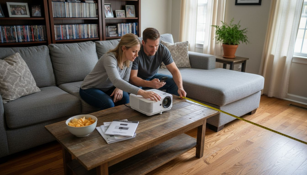 Couple adjusting home video projector setup