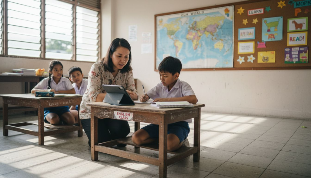 Teacher guiding students in Malaysian classroom