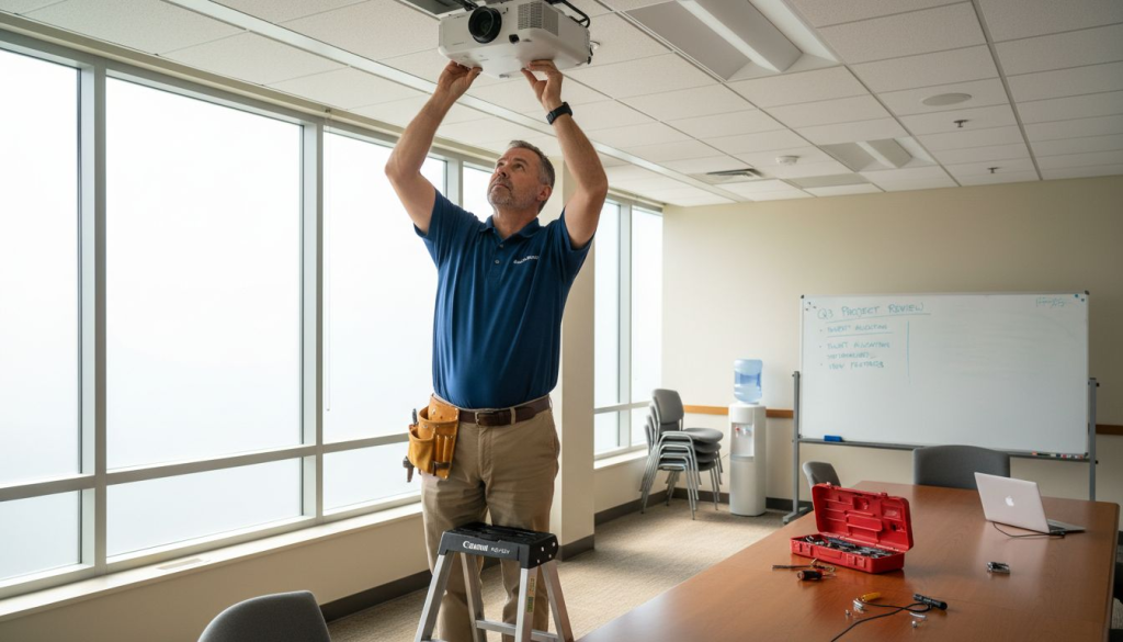 Technician installing noise-blocking pads on projector