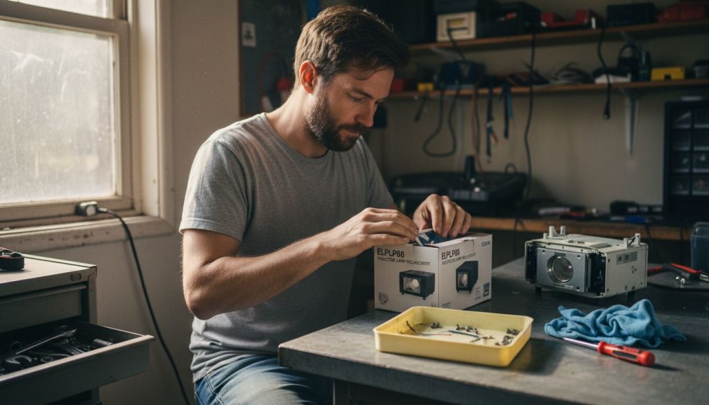 Man unpacking Elplp88 projector lamp on worktable