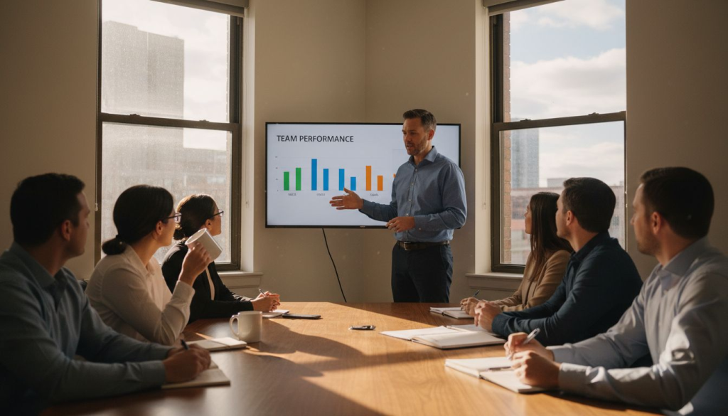 Manager leading team meeting in office