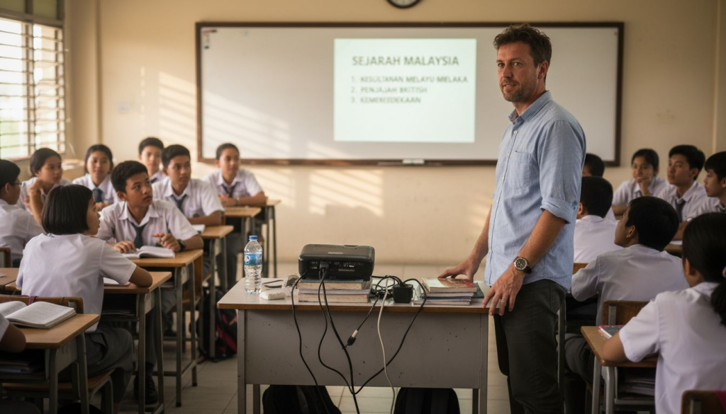Cikgu memanfaatkan projektor laser semasa mengajar di dalam kelas.