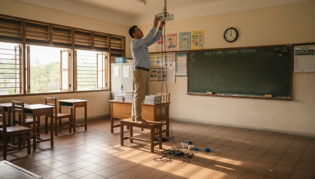 Cikgu sedang membetulkan kedudukan projektor LCD di dalam kelas supaya pelajar dapat melihat paparan dengan jelas.