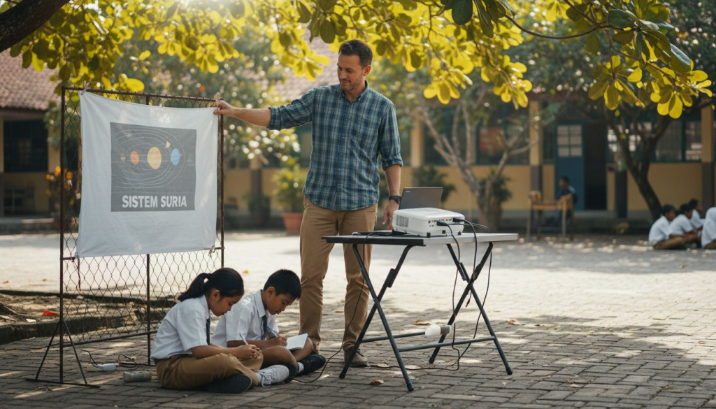 Guru mengendalikan aktiviti pembelajaran menggunakan projektor di kawasan luar kelas.