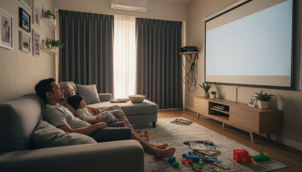 Family watching movie on home projector screen