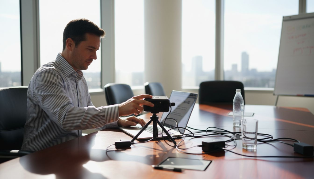Business owner setting up portable projector