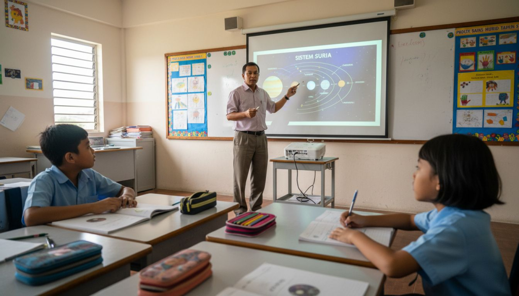 Guru menggunakan projektor untuk menjadikan sesi pembelajaran lebih interaktif di dalam kelas.