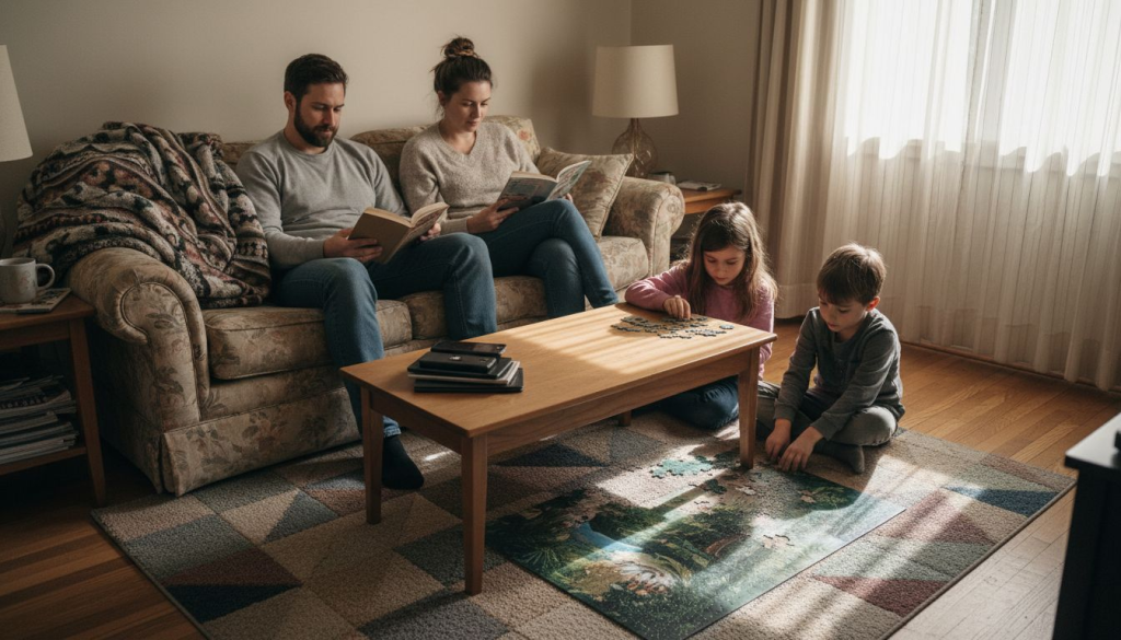 Family relaxing together device-free at home