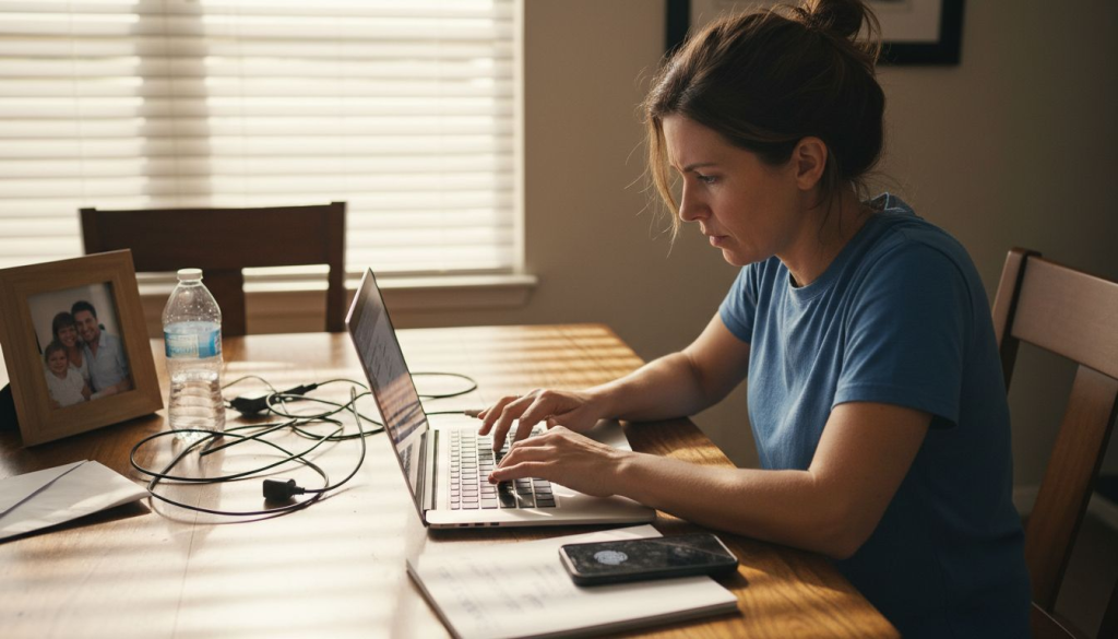Woman updating privacy settings at dining table