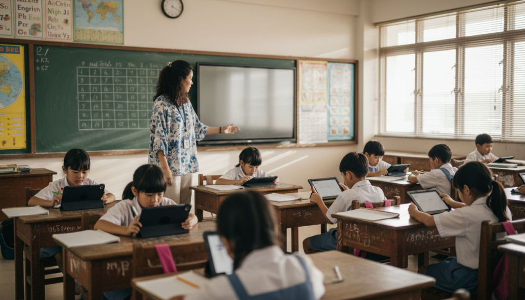 Teacher guiding tech-enabled classroom lesson