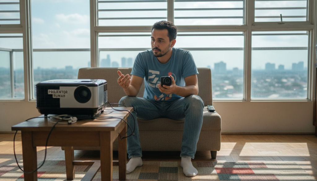 Seorang lelaki sedang membandingkan projektor poket dengan projektor biasa, meneliti kelebihan dan kekurangan setiap satu sebelum membuat pilihan yang paling sesuai dengan keperluannya.