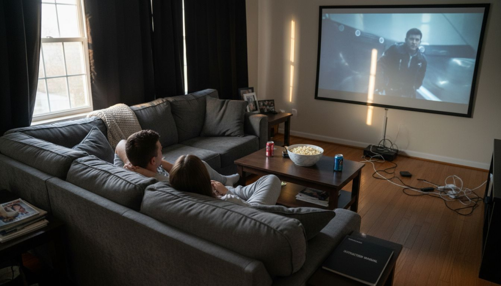 Couple watching movie on home projector screen