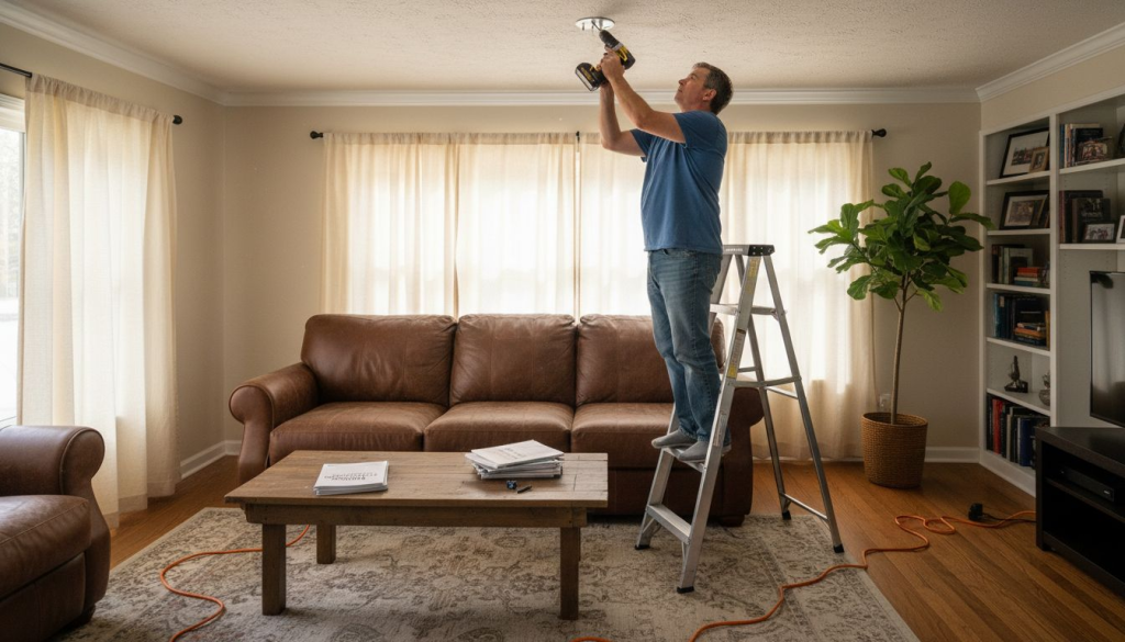 Man installing projector mount on ceiling