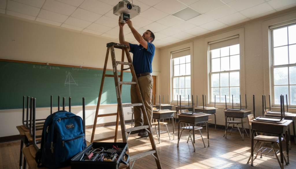 Technician installs classroom projector lamp