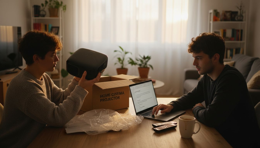 Couple unboxing projector in casual home setting