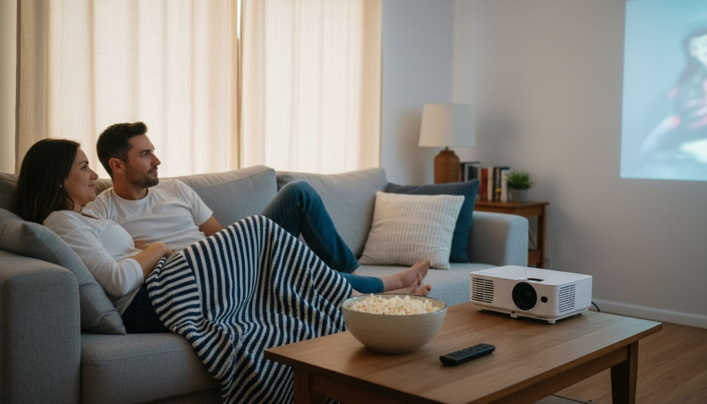 Couple watching movie with wireless projector