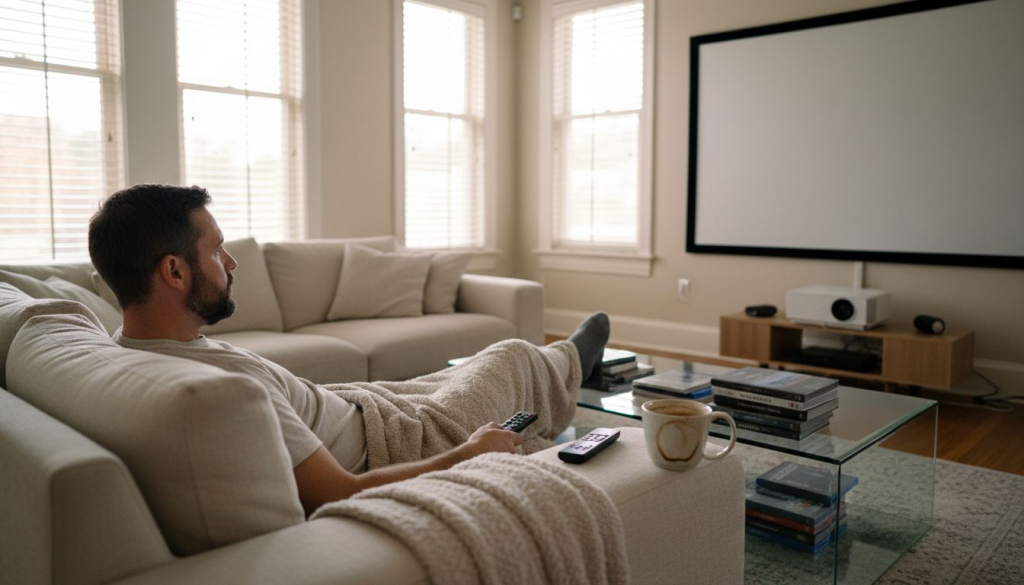 Family watching movie on ALR projector screen