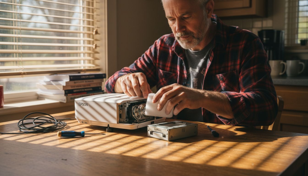 Man replacing projector lamp at cluttered kitchen table