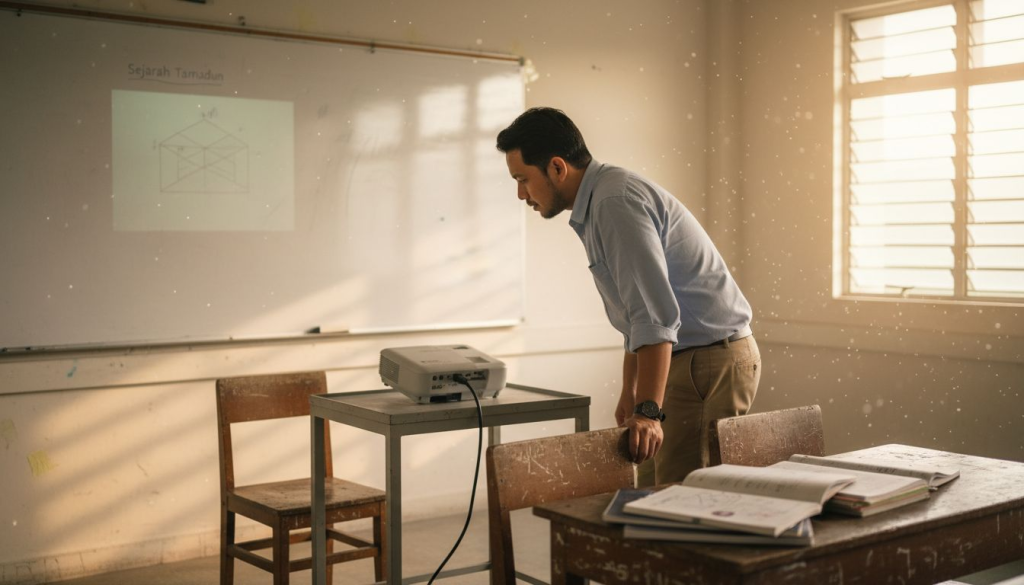 Guru sedang memastikan kualiti paparan projektor di dalam kelas supaya pelajar dapat melihat dengan jelas.