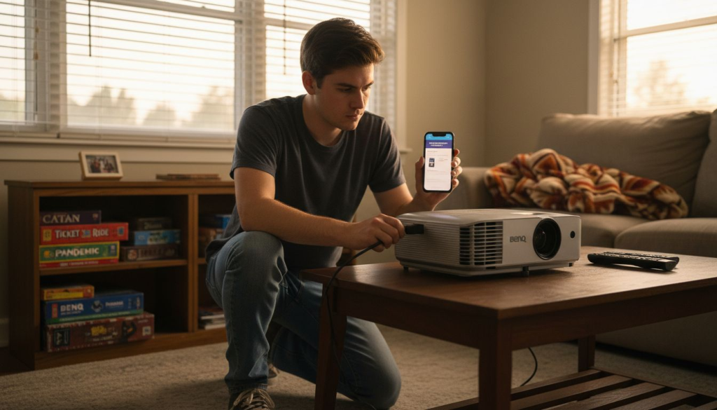 Person setting up BenQ projector at home