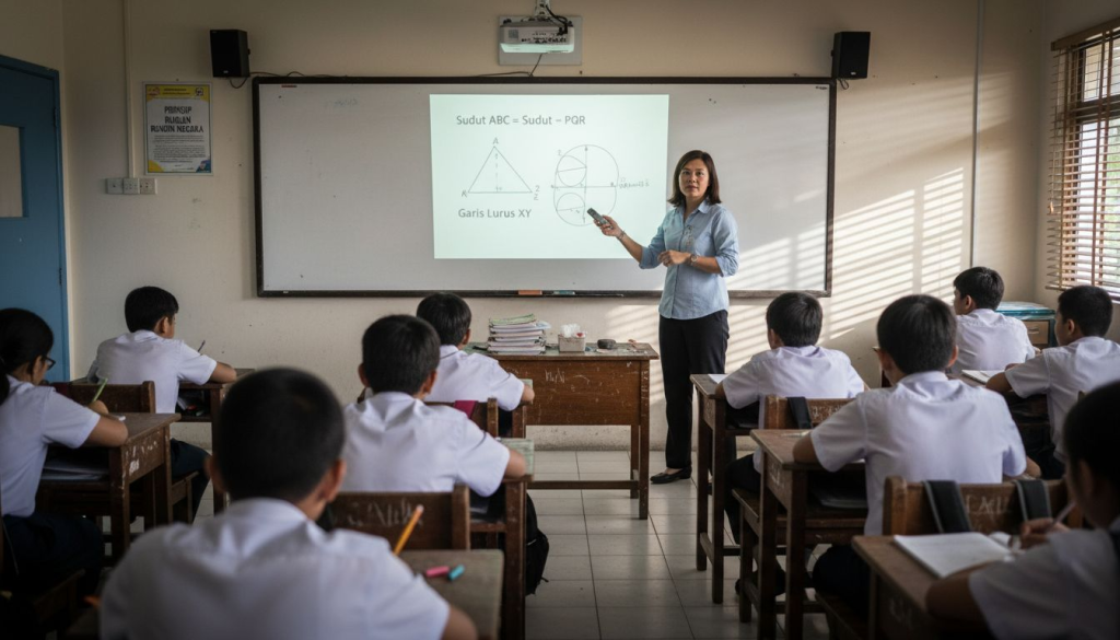 Guru sedang menggunakan projektor di dalam kelas sambil menerangkan pelajaran kepada para pelajar.
